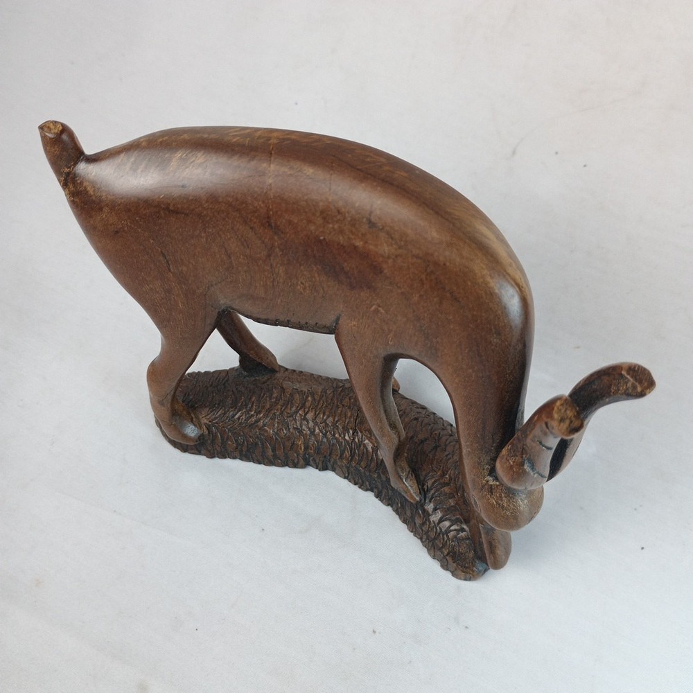 Hand Carved Grazing Antelope Oryx Gazelle Brown Sculpture Statue Hard Wood 5" - Picture 4 of 12
